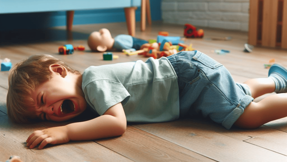 Criança dando birra por não querer guardar os brinquedos